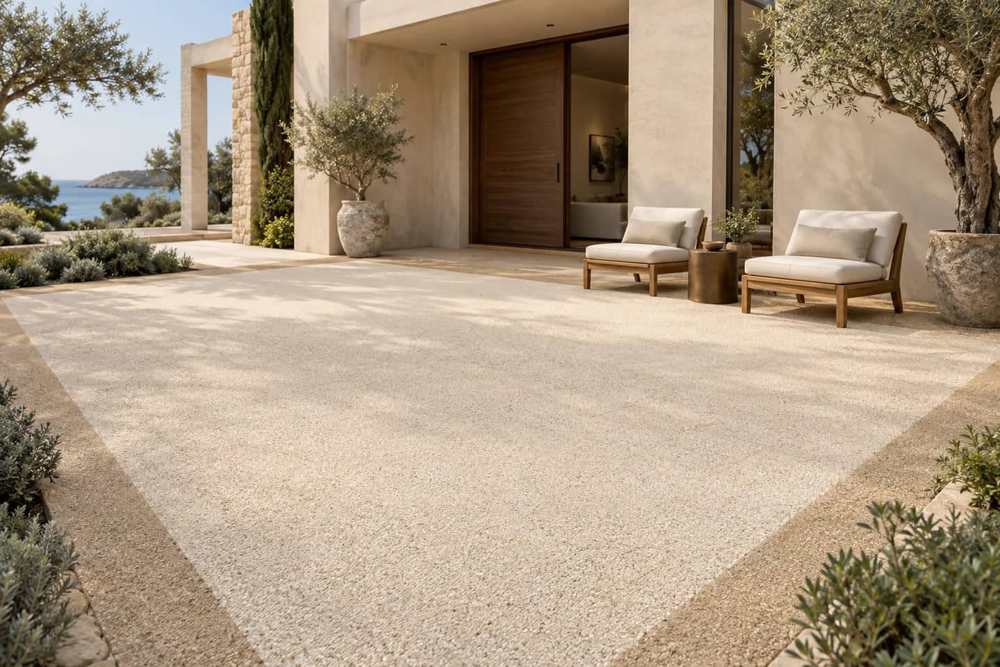 Terrasse, façade, abords de pergola : les finitions extérieures LITORRA, du sol de pierre à l'enduit minéral