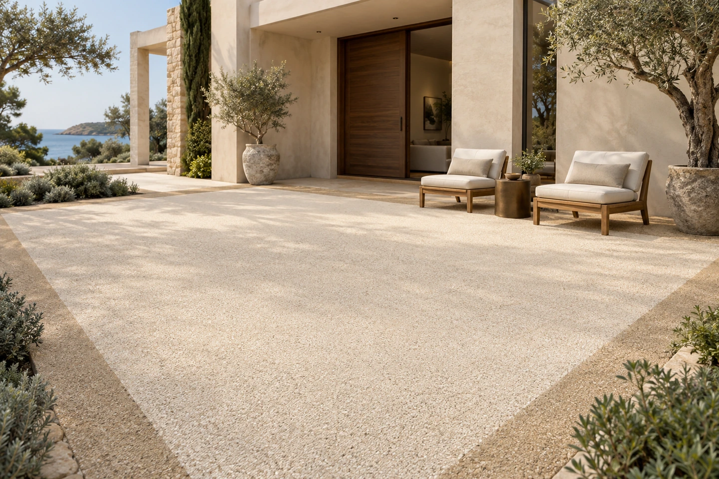 Terrasse en moquette de pierre PIETRORA de LITORRA, bordée de sable