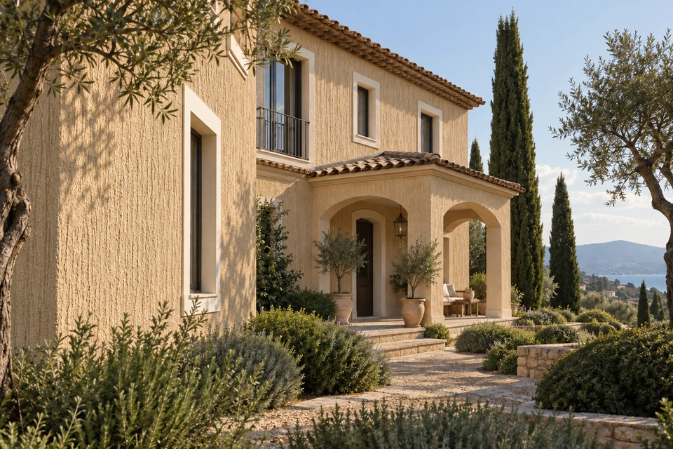 Façade villa avec enduit GRAFFIORA de LITORRA, relief griffé ivoire sable